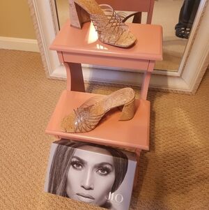 Jennifer Lopez Gold Cork Block Heel Sandals with Rhinestone Straps